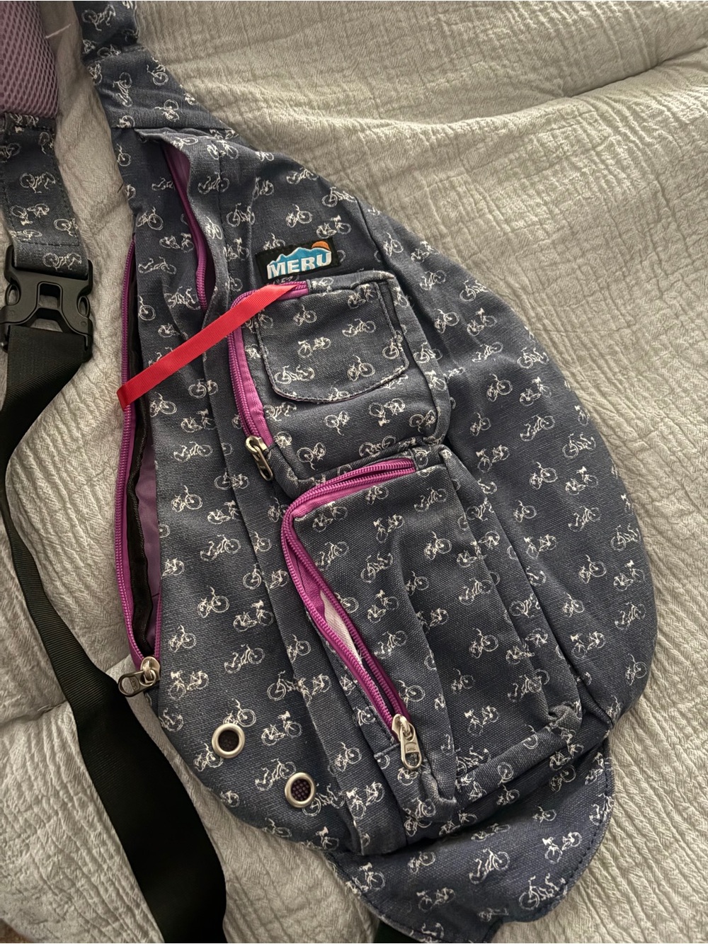 Meru Navy Bike-Print Sling Backpack with Pink Zippers
